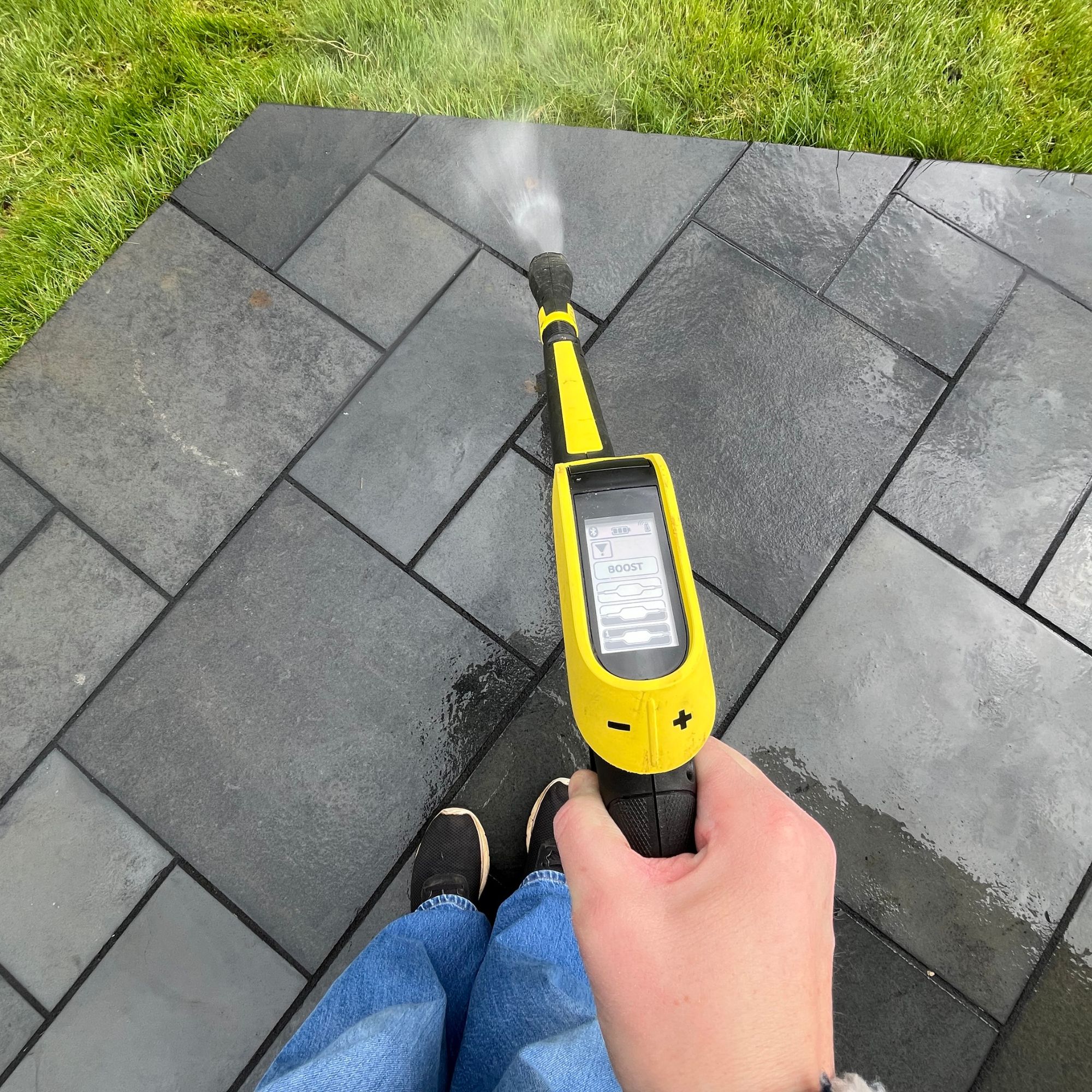 karcher k7 cleaning a black paved patio