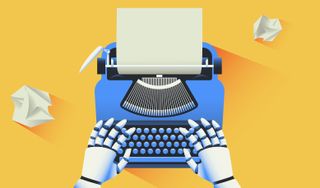 En robot som skriver på en gammeldags skrivemaskin.