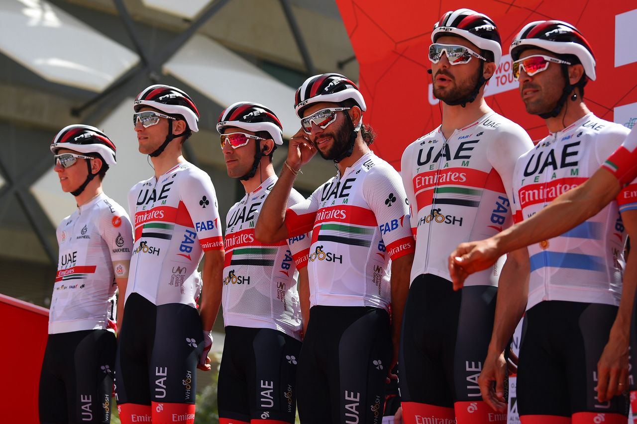 The UAE Emirates team on the podium