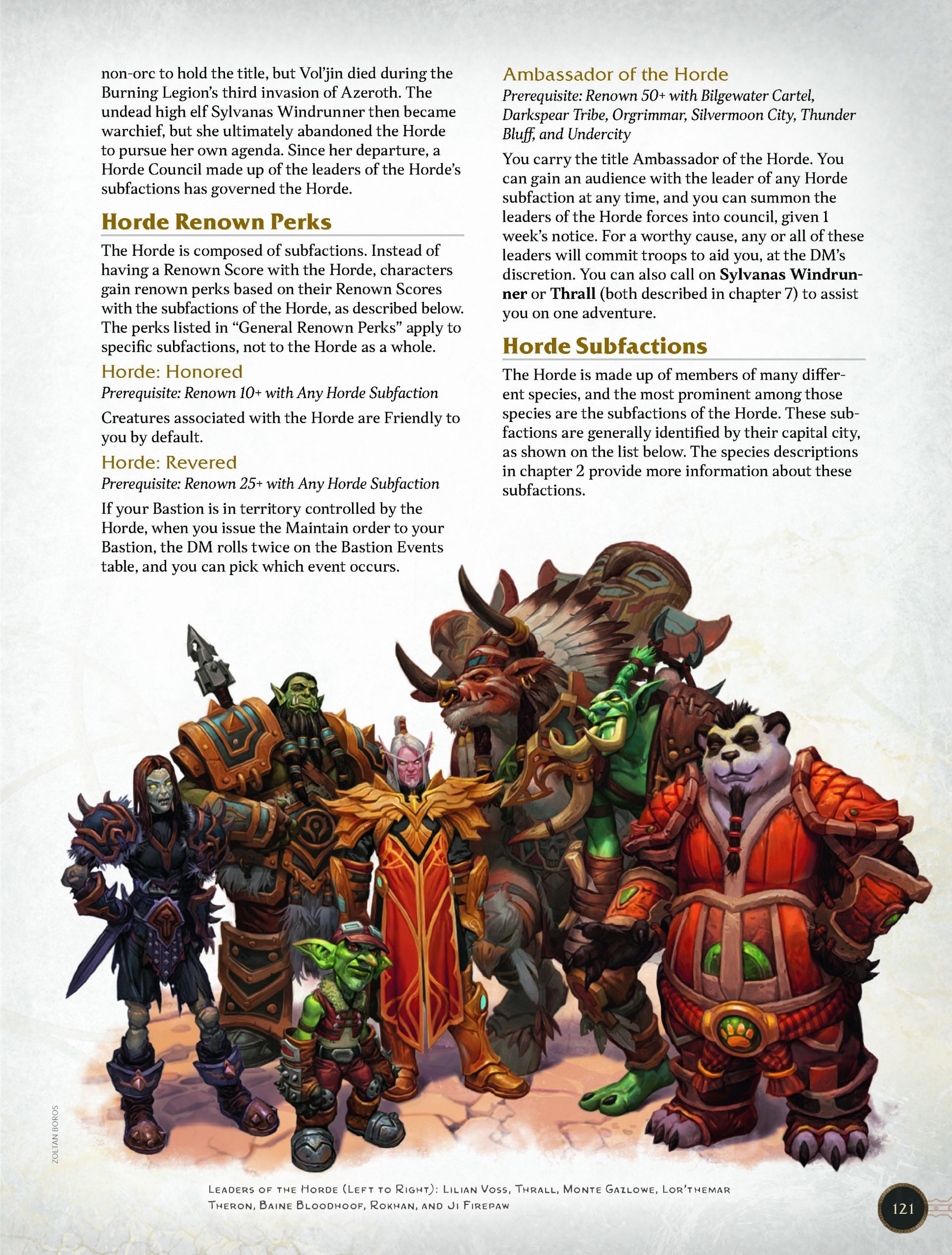 A page from Dungeons & Dragons: World of Warcraft. A description of the Horde faction with art of major characters below it.