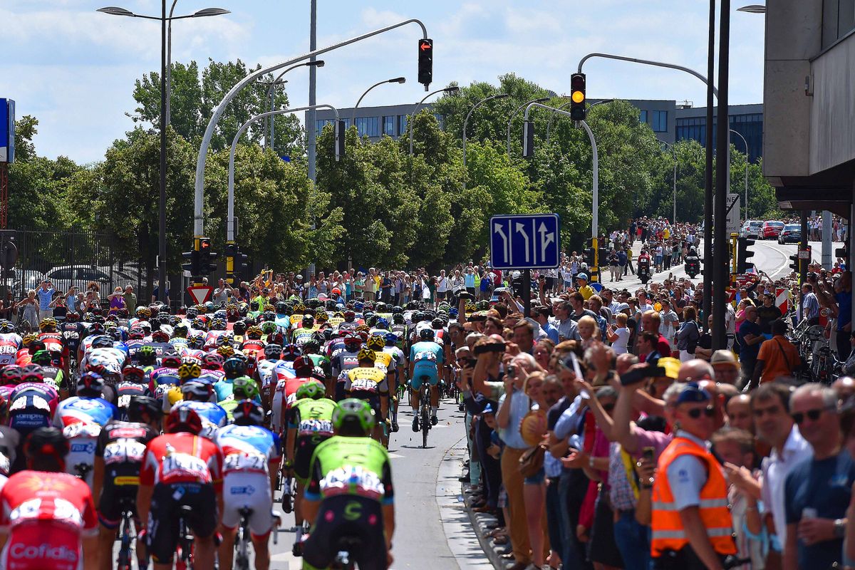 The riders roll out of Antwerp for the stage
