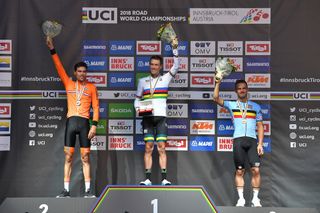 The 2018 UCI Road World championships time trial podium: Tom Dumoulin, Rohan Dennis and Victor Campenaerts