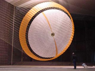 The team developing the landing system for NASA's Mars Science Laboratory tested the deployment of an early parachute design in mid-October 2007 inside the world's largest wind tunnel, at NASA Ames Research Center.