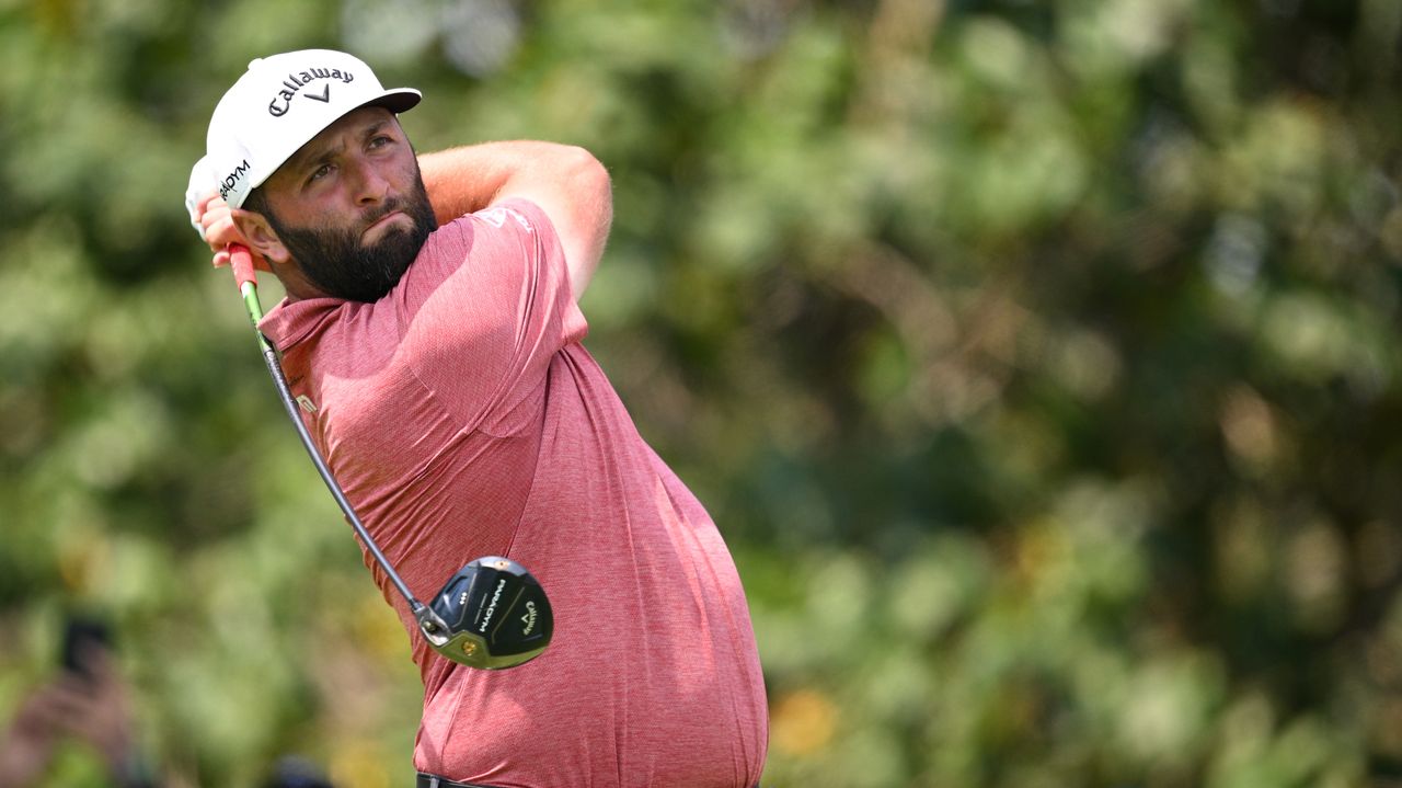 Jon Rahm plays his shot from the 14th tee during the Mexico Open at Vidanta.