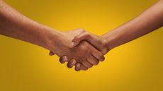 A pair of hands shake against a yellow backdrop.