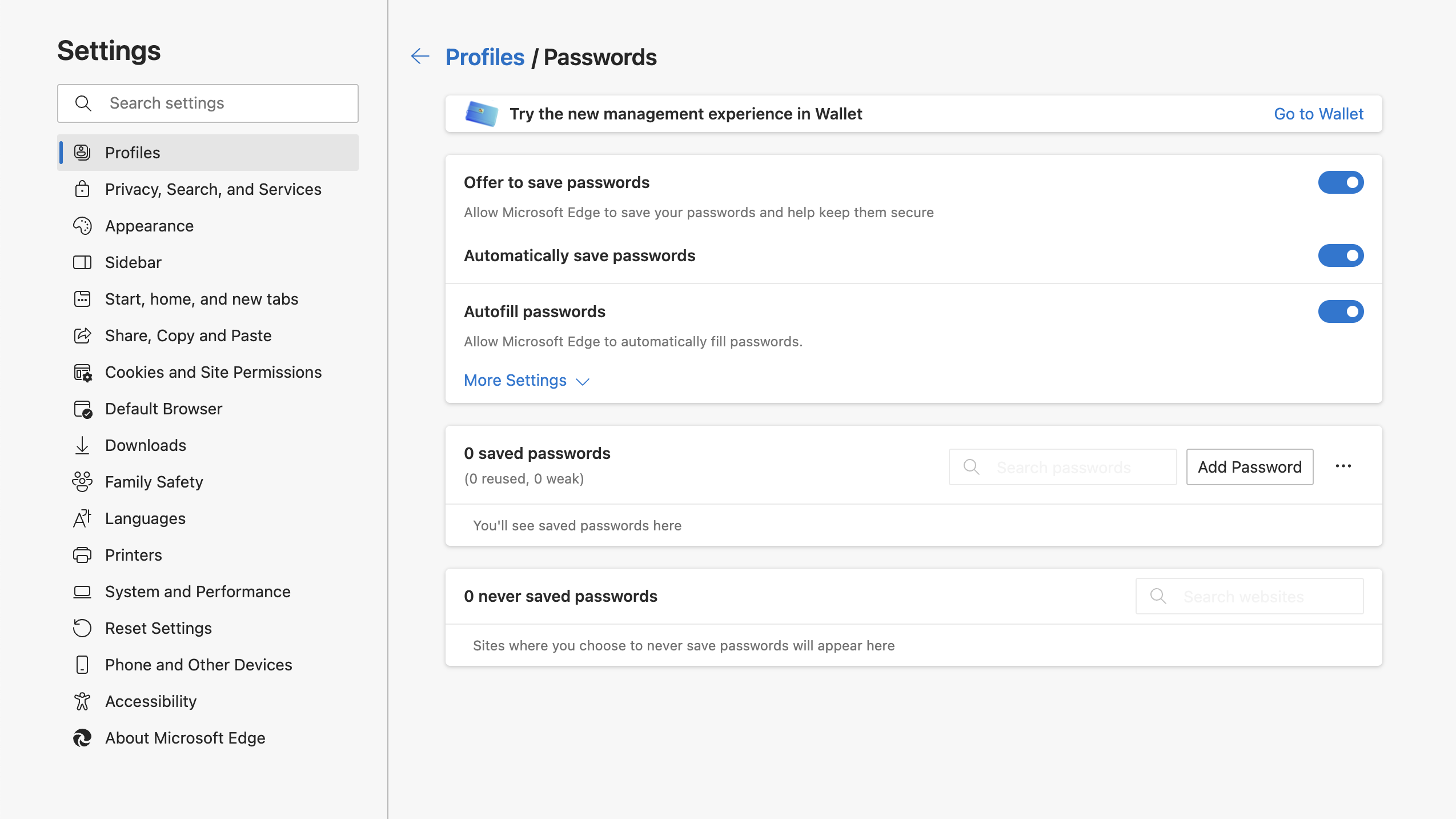 Screenshot of password settings in Edge