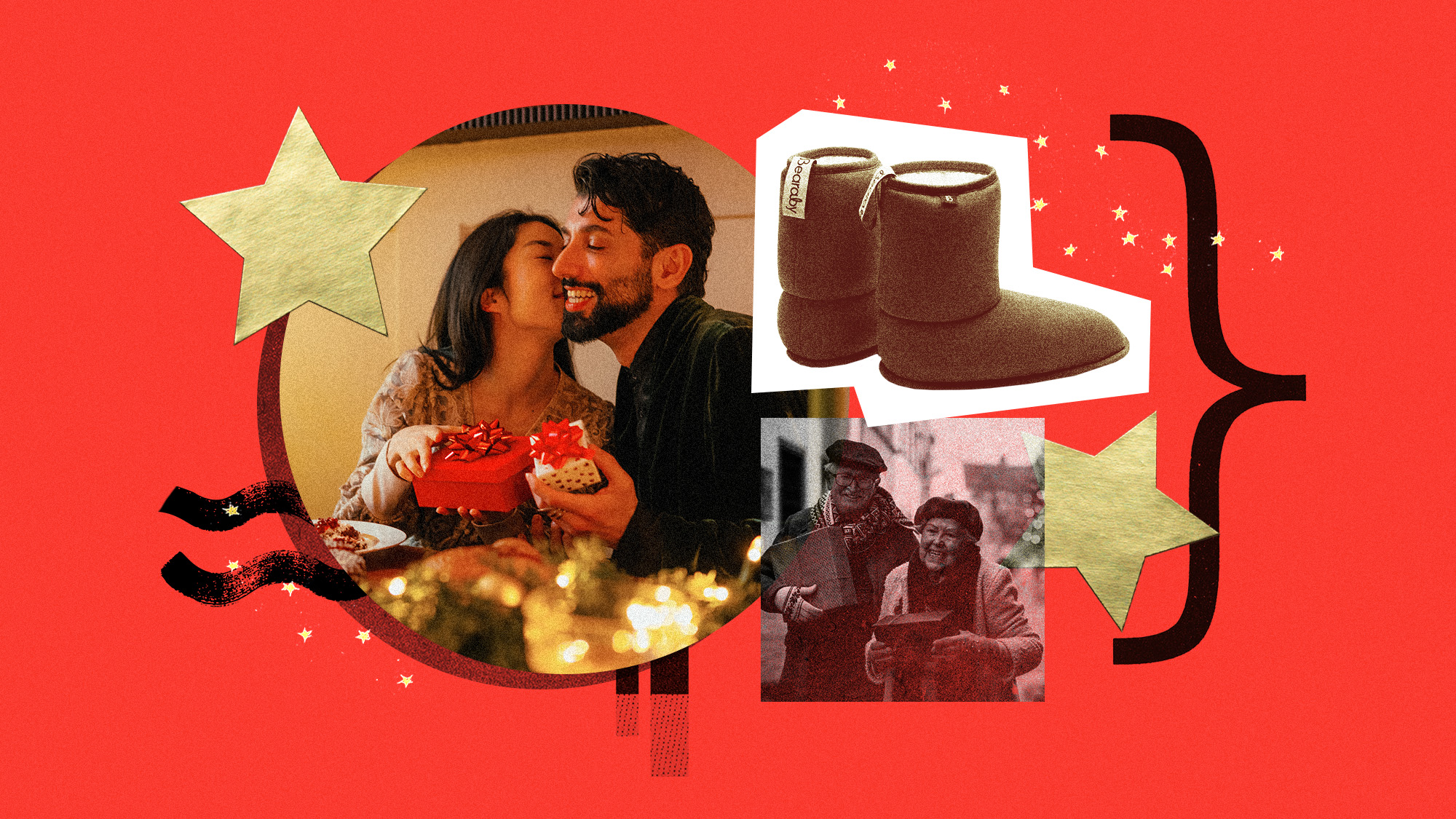 Photo collage of people giving and receiving Christmas presents, a product shot of pillow boots, and paper stars in the background