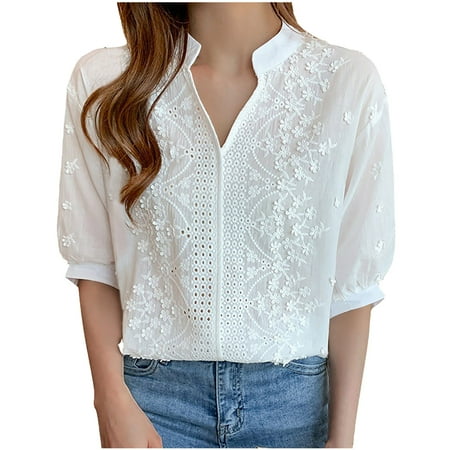 Oalirro Women's Floral Embroidered Eyelet Blouses Ladies Notch Neck Half Sleeve Casual Tops