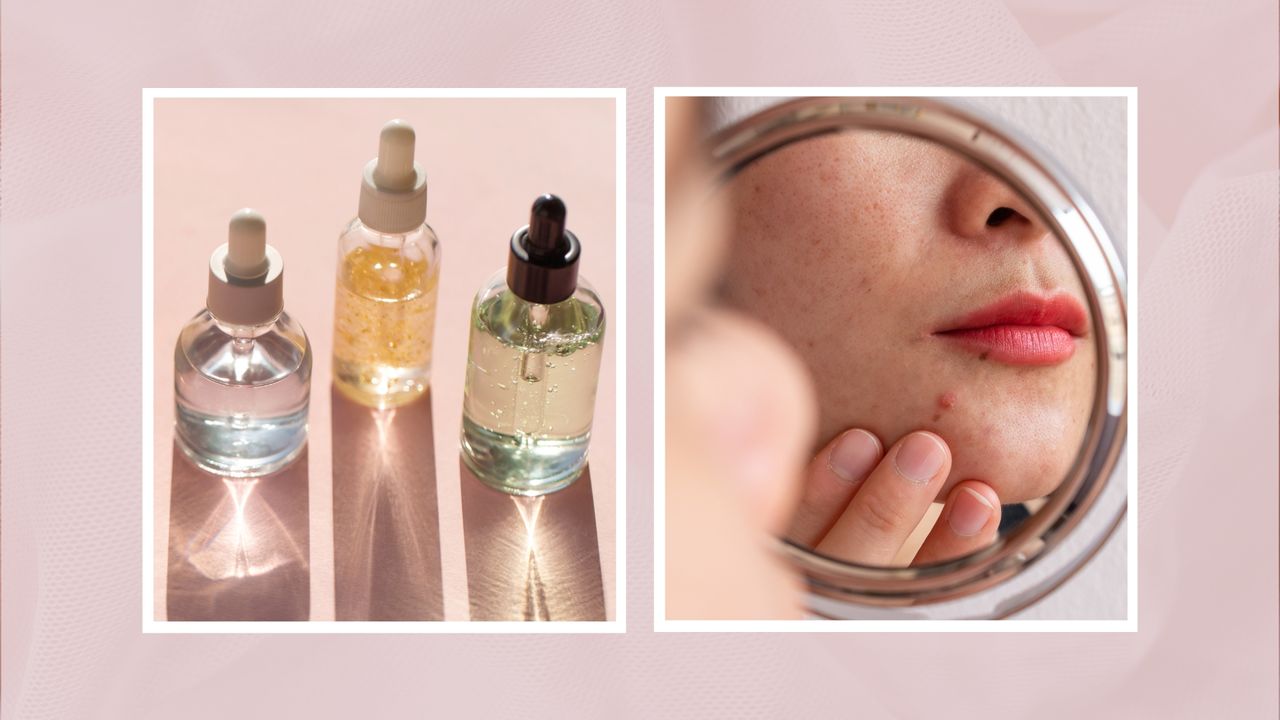 On the left, a close up of three colourful glass serum bottles with their silhouettes displayed on a pink background, alongside a close up of a woman inspecting a spot on her chin in a small mirror to demonstrating &#039;skin purging&#039; / in a pale pink-purple template 