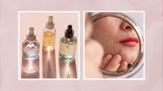 On the left, a close up of three colourful glass serum bottles with their silhouettes displayed on a pink background, alongside a close up of a woman inspecting a spot on her chin in a small mirror to demonstrating 'skin purging' / in a pale pink-purple template 