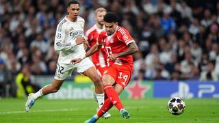 Luis Diaz of FC Bayern Munich scores his team's first goal during the UEFA Champions League 2025/26 Quarter-Final First Leg match between Real Madrid CF and FC Bayern M&uuml;nchen