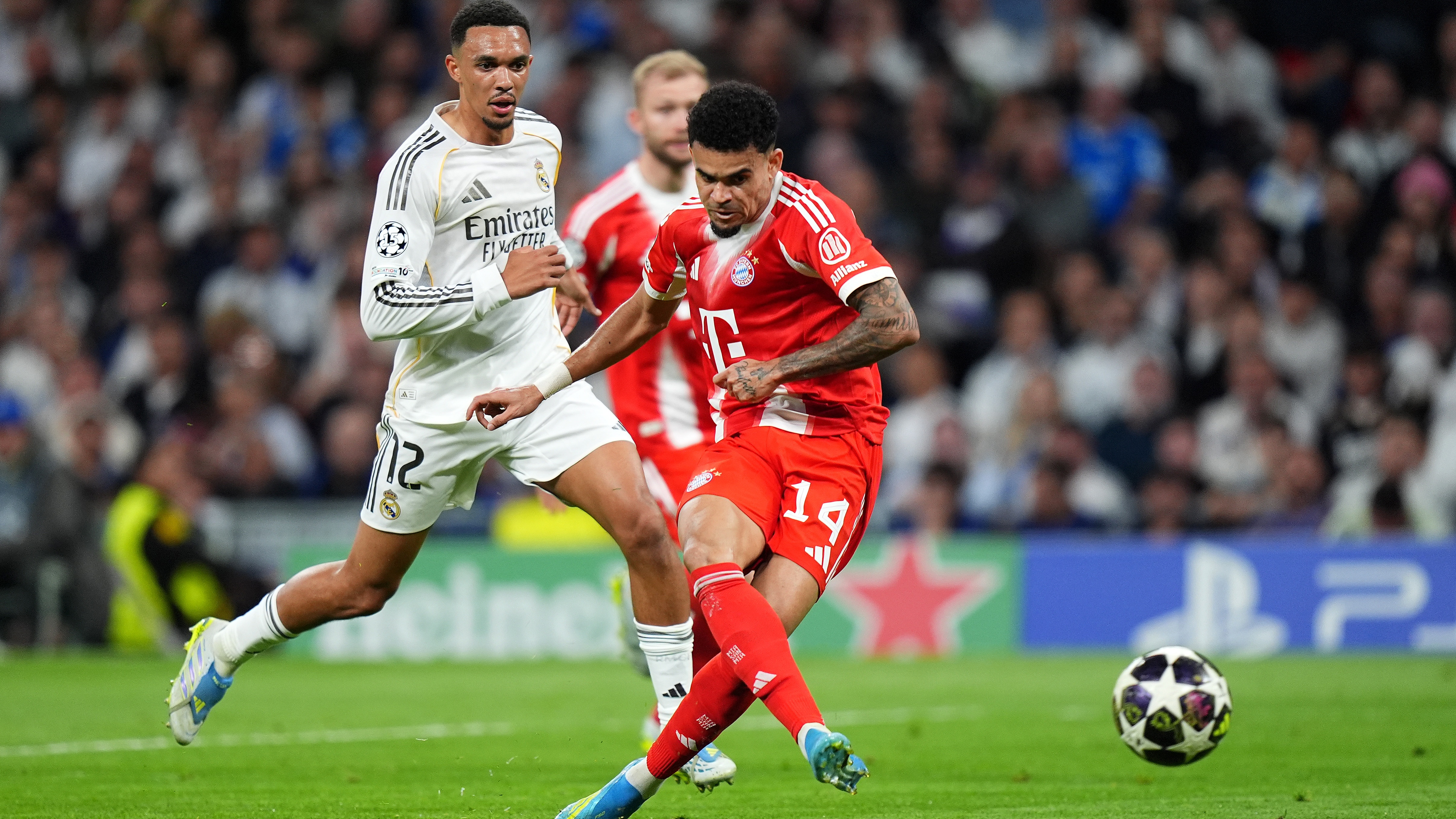 Luis Diaz of FC Bayern Munich scores his team's first goal during the UEFA Champions League 2025/26 Quarter-Final First Leg match between Real Madrid CF and FC Bayern M&uuml;nchen