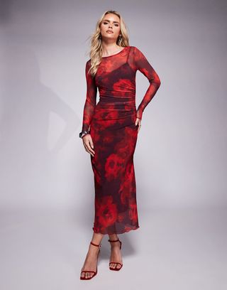 New Look Petite Long Sleeve Mesh Midi Dress in Red Rose Print