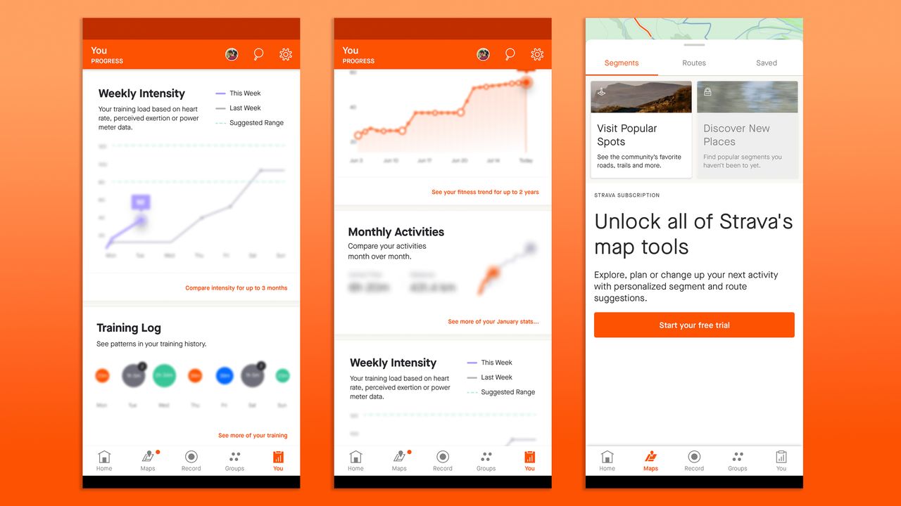 Screenshots from the Strava app