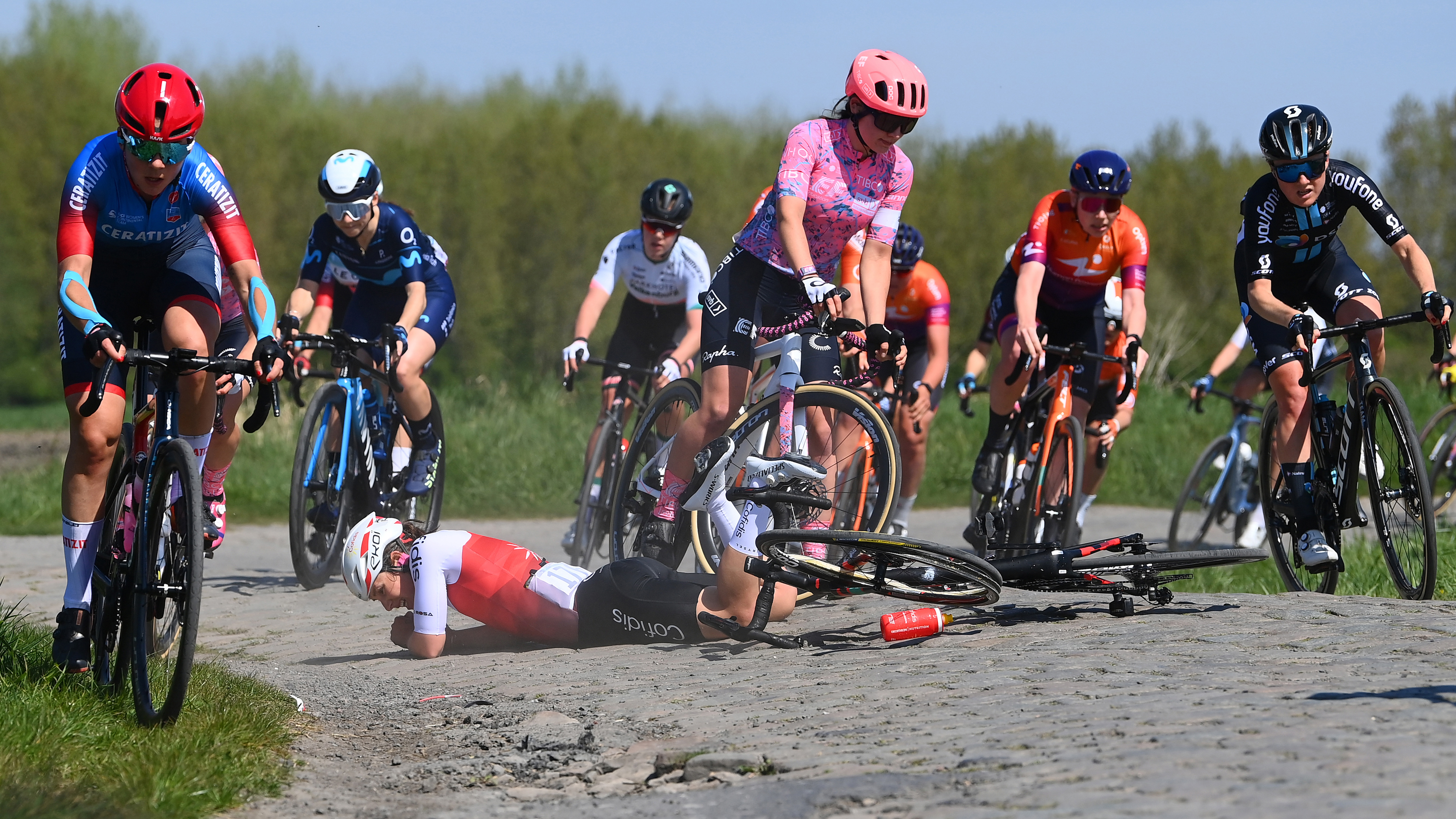 Gabrielle Pilote-Fortin of Canada and Team Cofidis F&amp;eacute;minin and Letizia Borghesi of Italy and Team EF Education - Tibco - Svb crash during the 2nd Paris-Roubaix 2022 -
