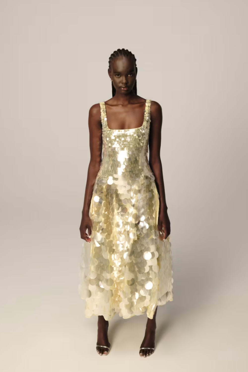 Arrange Embellished Disc Sequin Square Neck Full Skirt Midi Dress in Lemon