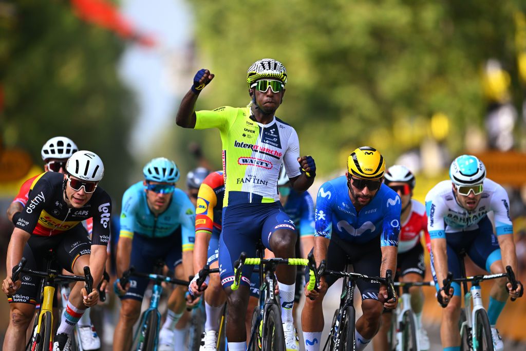 TORINO ITALY JULY 01 Biniam Girmay of Eritrea and Team Intermarche Wanty celebrates at finish line as stage winner ahead of Fernando Gaviria of Colombia and Movistar Team and Arnaud De Lie of Belgium and Team Lotto Dstny during the 111th Tour de France 2024 Stage 3 a 2308km stage from Piacenza to Torino UCIWT on July 01 2024 in Torino Italy Photo by Dario BelingheriGetty Images