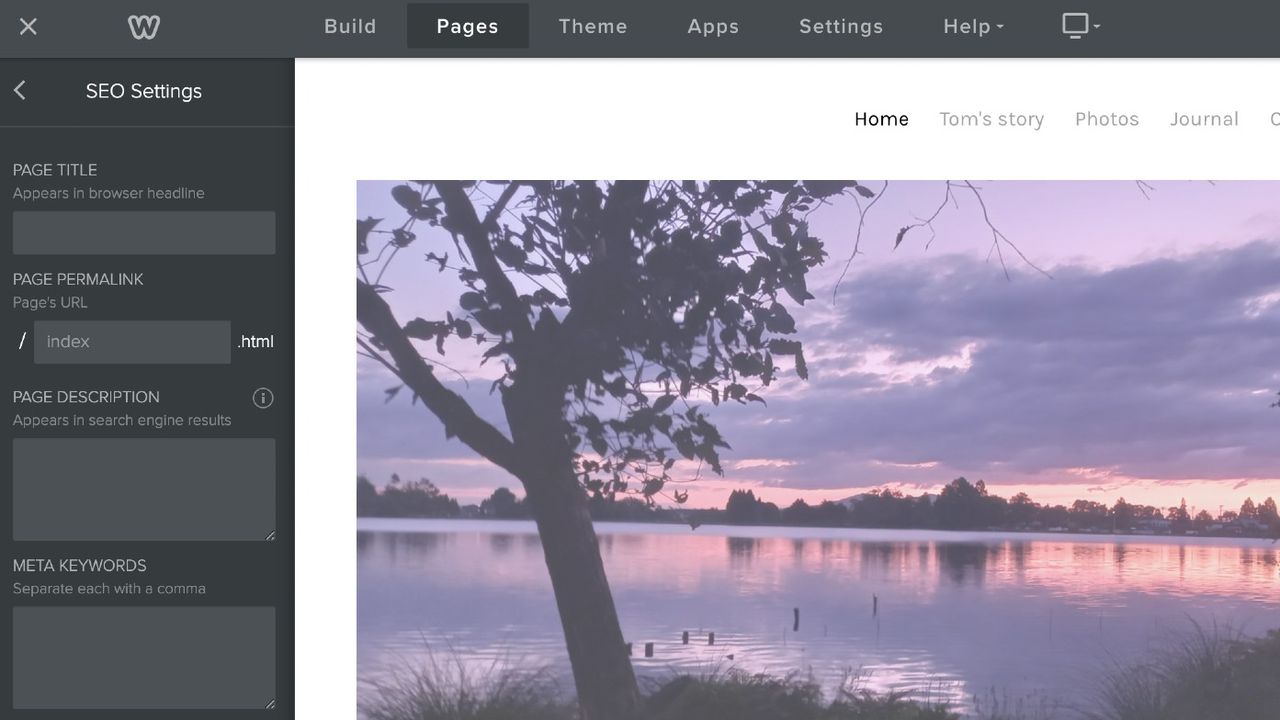 Screenshot of Weebly interface showing SEO options