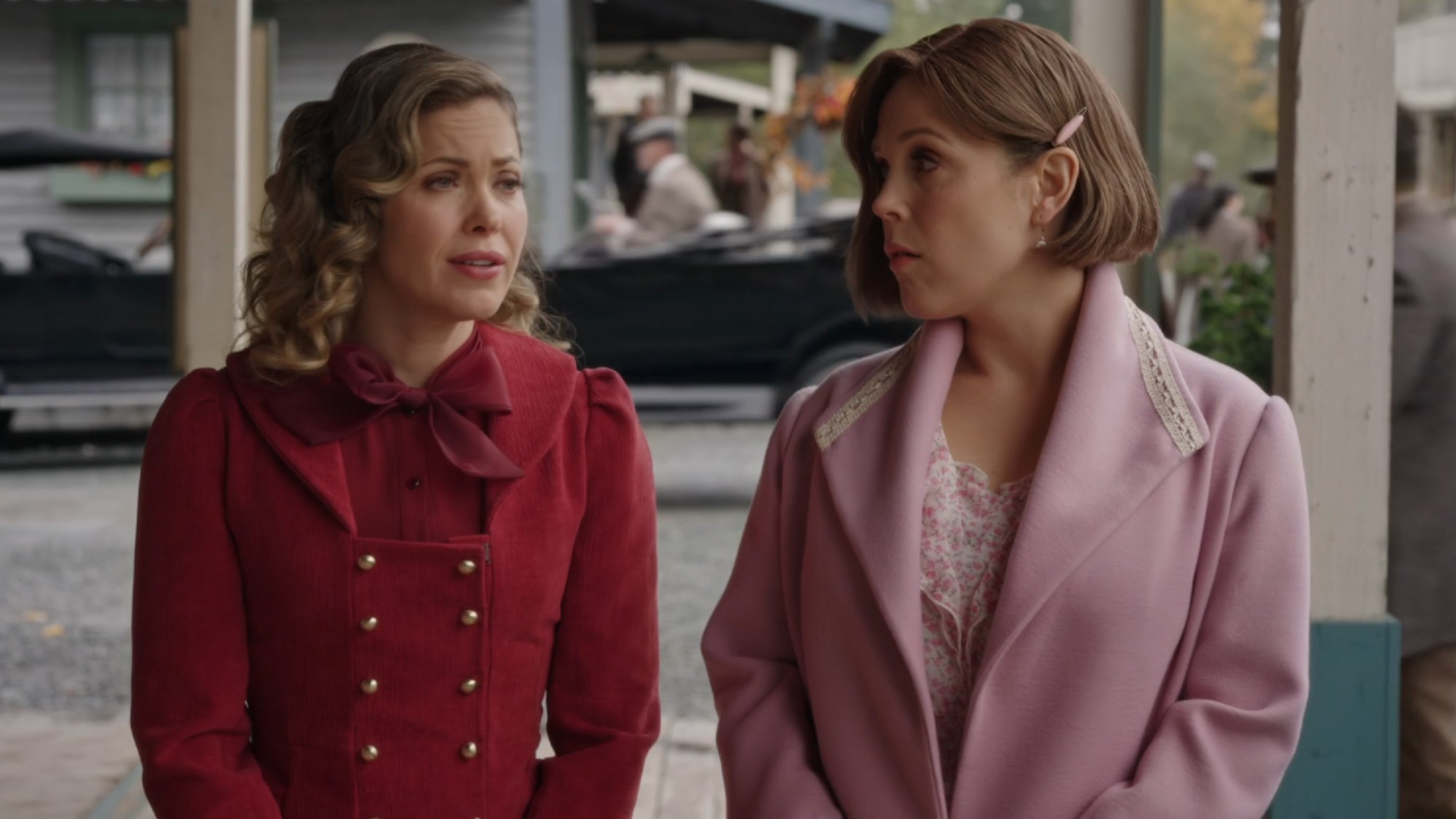 Rosemary and Elizabeth walking and talking to each other on When Calls the Heart.