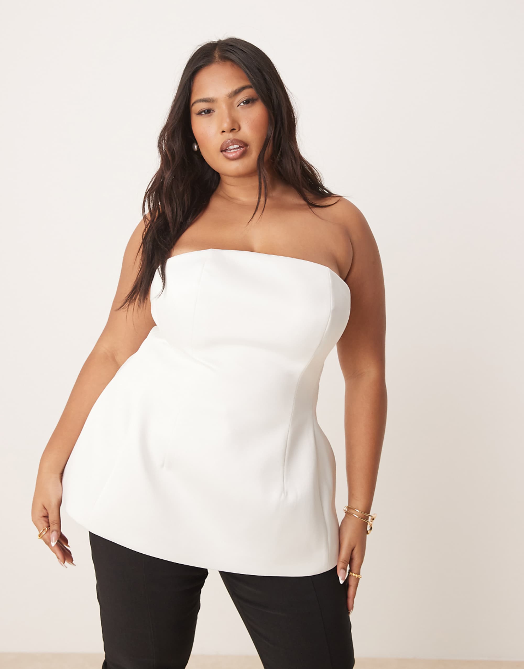 Asos Design Curve Premium Structured Satin Peplum Hem Bandeau Top in White