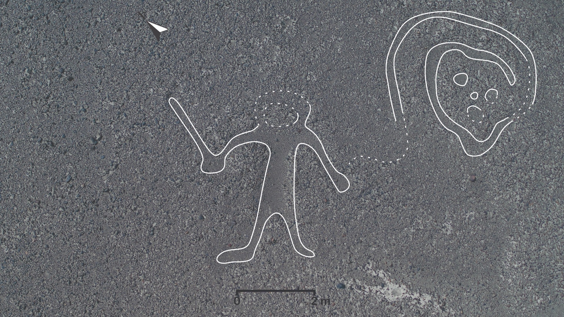This processed image shows a geoglyph of what may be a person holding what looks like a club or stick as their head flies away in greater detail.