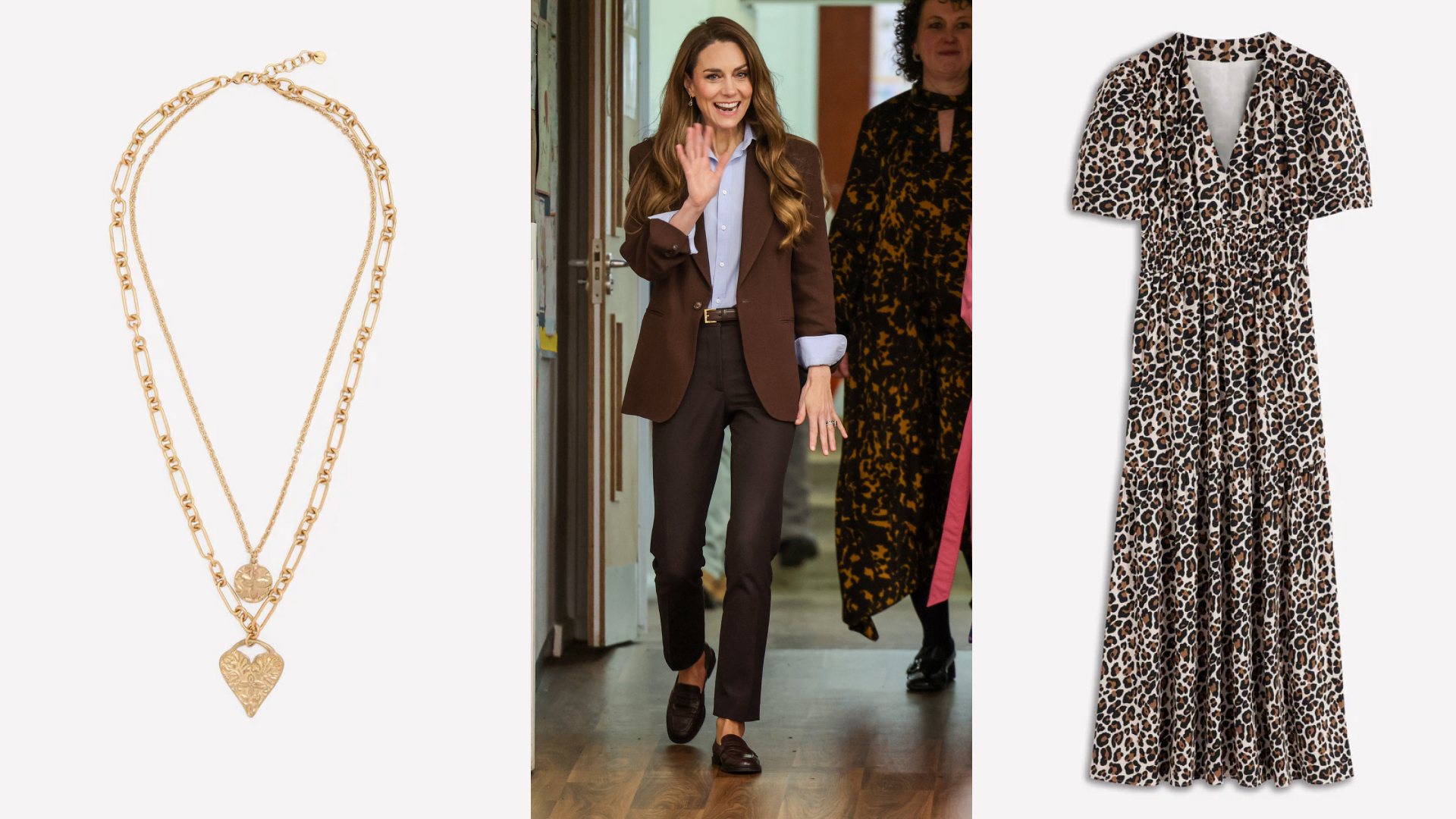 A gold heart necklace, Princess Kate wearing a brown blazer walking and waving; a long, leopard print dress