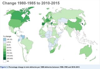 Map showing the percentage change in the rate of twin deliveries by country from 1980-1985 to 2010-2015.
