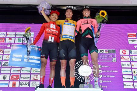 HALDEN NORWAY AUGUST 24 Podium Coryn Rivera of The United States and Team Sunweb Marianne Vos of The Netherlands and Team CCC Liv Orange Leader Jersey Demi Vollering of The Netherlands and Team Parkhotel Valkenburg Celebration Flowers during the 6th Ladies Tour of Norway 2019 Stage 3 a 125km from Mysen to Askim 108m LTourOfNorway LToN UCIWWT on August 24 2019 in Halden Norway Photo by Luc ClaessenGetty Images