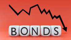 the word "bonds" written on individual white die, with a reddish-orange background and a black arrow stair-stepping lower
