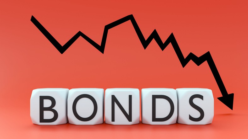 the word "bonds" written on individual white die, with a reddish-orange background and a black arrow stair-stepping lower