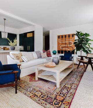 Boho style living room with jute carpet