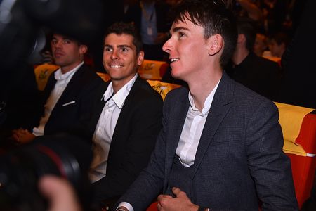 Warren Barguil and Romain Bardet at the 2018 Tour de France route presentation in Paris.
