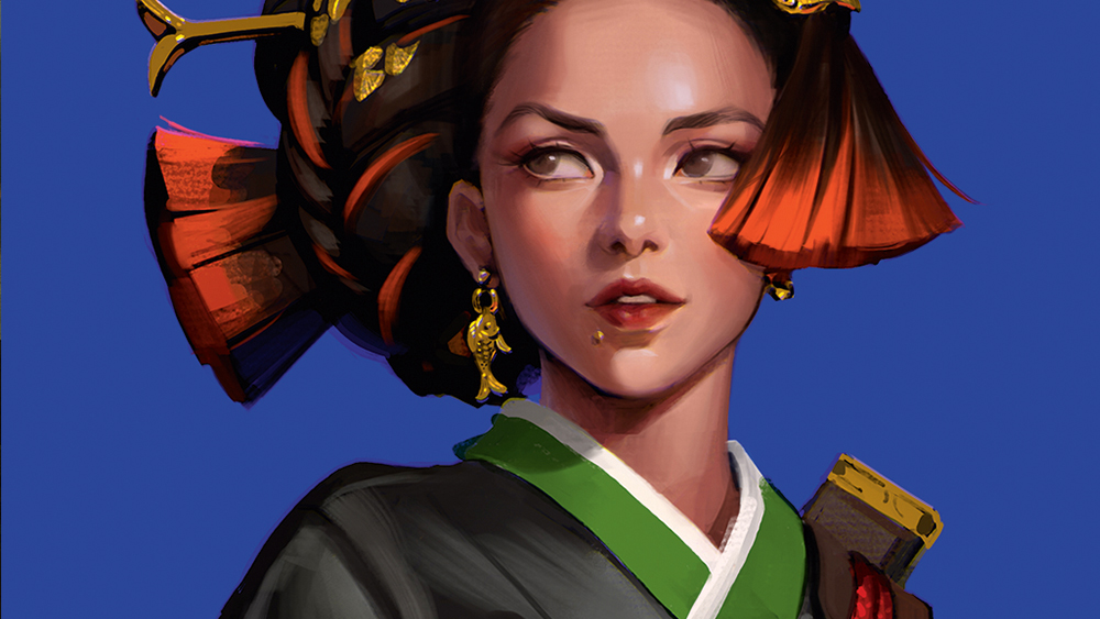 Colourful digital art showing a woman dressed in traditional Korean costume