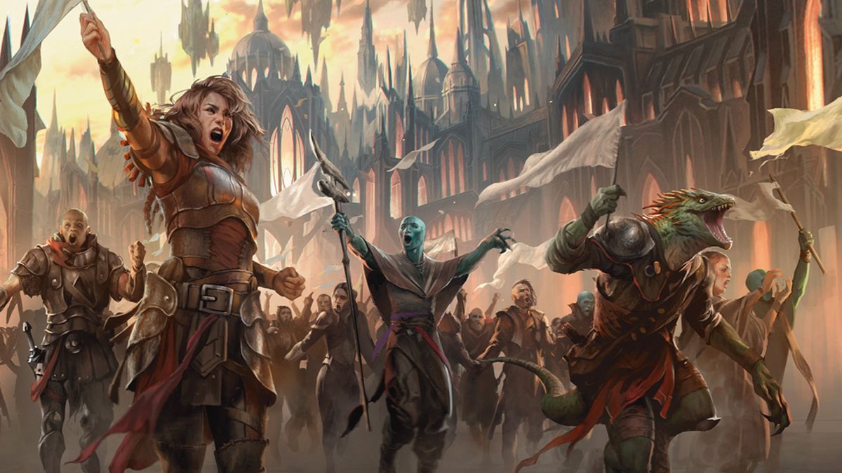 A crowd of shouting civilians march through the streets of Ravnica in Murders at Karlov Manor, waving white flags