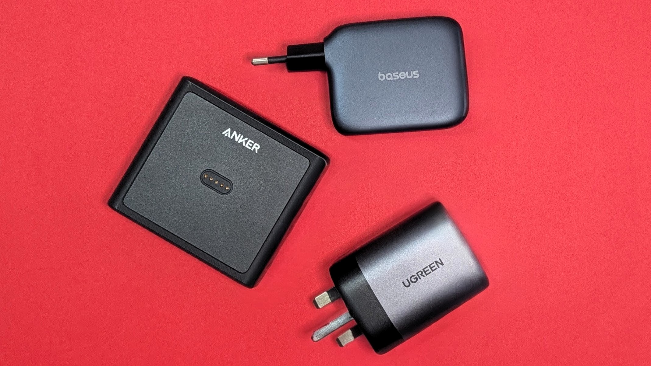 Various USB-C chargers from Anker, UGREEN, and Baseus.