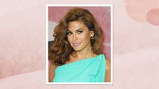Actress Eva Mendes is seen wearing a blue dress whilst celebrating the New York & Company store opening at Dadeland Mall in Miami on March 16, 2017 in Miami, Florida/ in a pink watercolour paint-style template