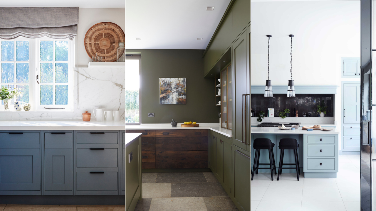 green and blue kitchen cabinetry