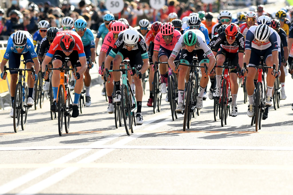 CALELLA SPAIN MARCH 22 Alejandro Valverde Belmonte of Spain and Movistar Team Matej Mohoric of Slovenia and Team Bahrain Victorious Dion Smith of New Zealand and Team BikeExchange Alexander Kamp Egested of Denmark and Team Trek Segafredo Ruben Guerreiro of Portugal and Team EF Education Nippo the peloton during the 100th Volta Ciclista a Catalunya 2021 Stage 1 a 1784km stage from Calella to Calella VoltaCatalunya100 on March 22 2021 in Calella Spain Photo by David RamosGetty Images