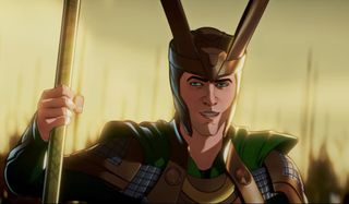 Loki smiles as he wields his staff on the battlefield in Marvel's What If...?