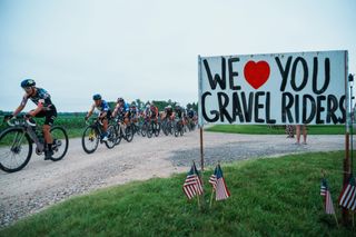 Riders on the early section of Unbound Gravel in 2024