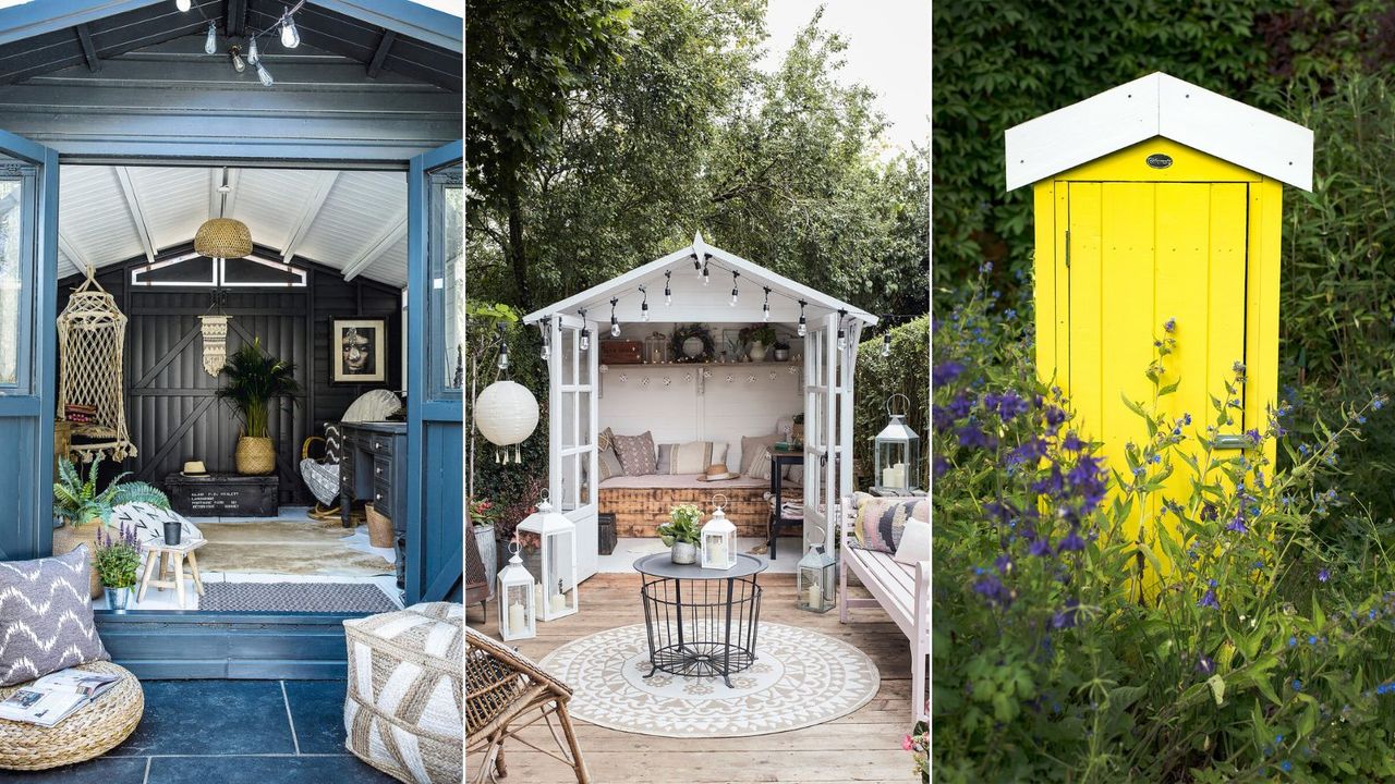 Three painted garden sheds in summertime