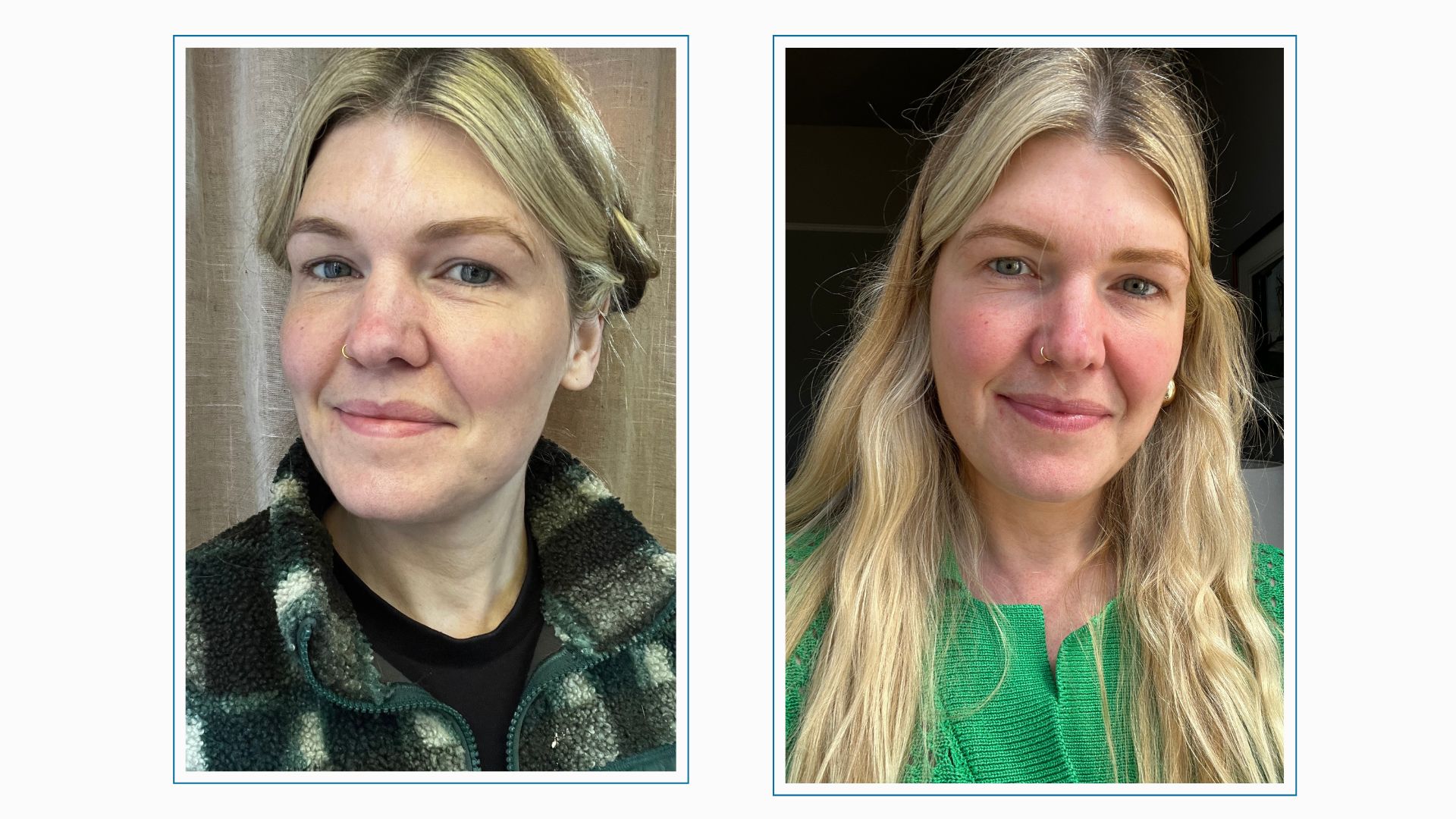 an image of fiona mckim wearing a green fleexe, with her hair up and pale skin, next to an image with long blonde hair, a green top and tanned skin