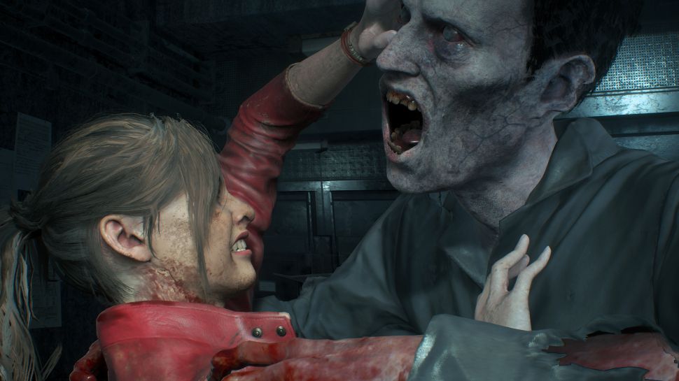 Resident Evil 2 Remake's Claire Redfield fending off a zombie attack