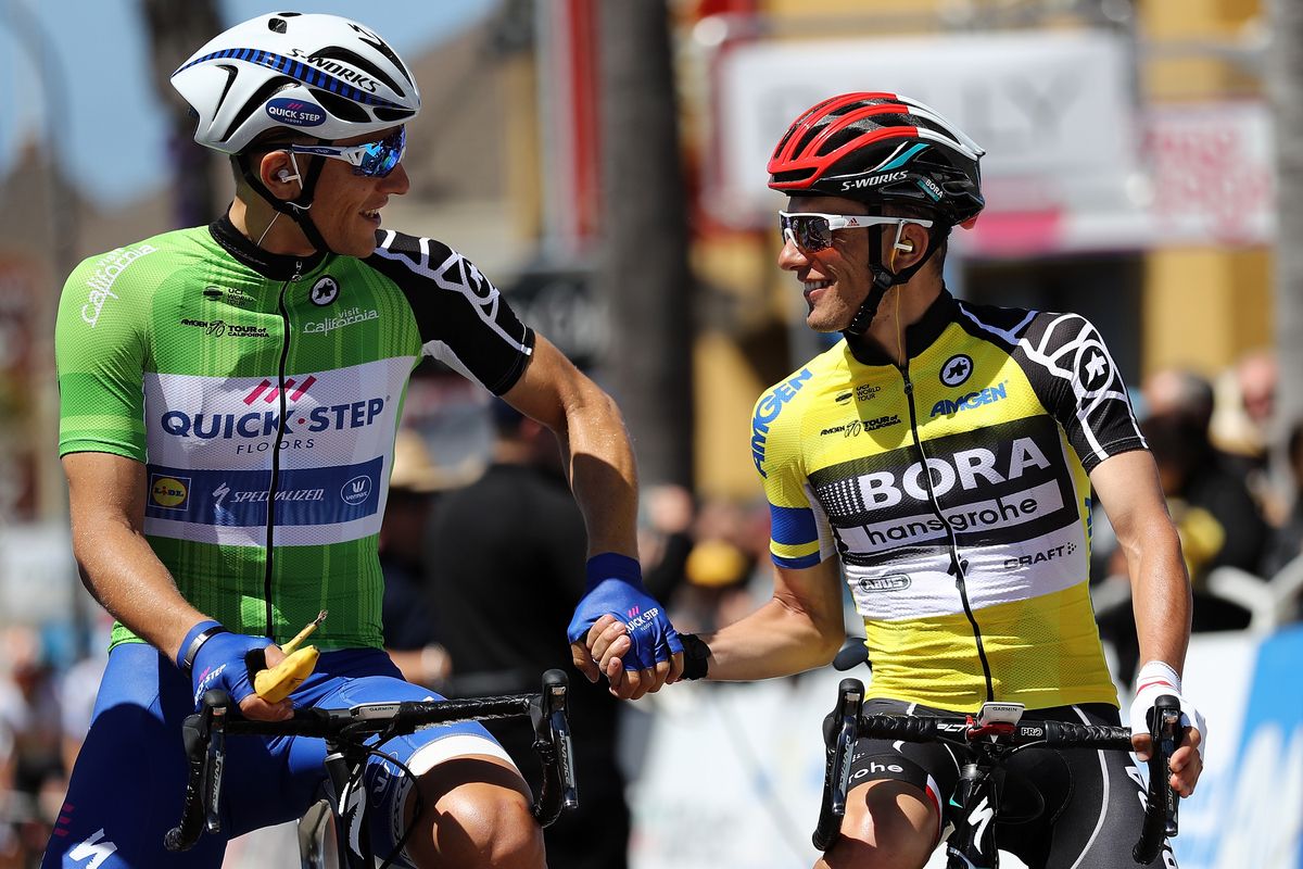 Points leader Marcel Kittel and race leader Rafa Majka enjoy a chat on the start line