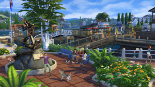 The Sims 4 money: several sims play with their dogs and cats in a park.