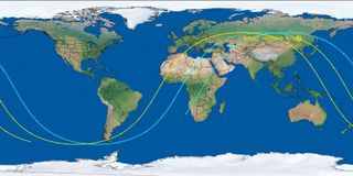 A map of the world with yellow, green and blue curvy lines