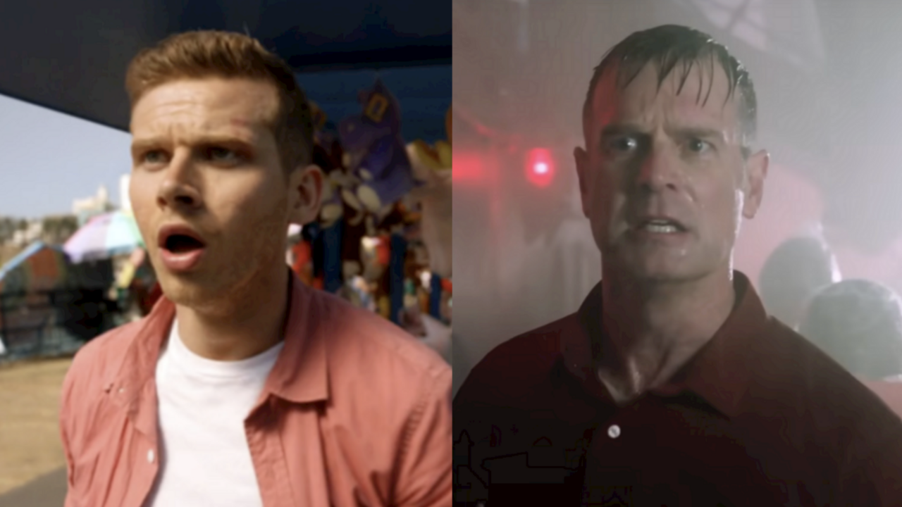 Oliver Stark as Buck facing the tsunami and Peter Krause as Bobby on the cruise ship on 9-1-1