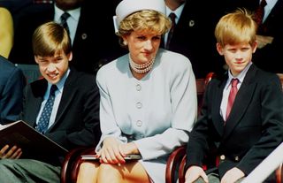 Princess Diana, Princess of Wales with her sons Prince William and Prince Harry attend the Heads of State VE Remembrance Service in Hyde Park on May 7, 1995 in London, England