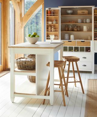 modern kitchen with breakfast bar and white wooden flooring