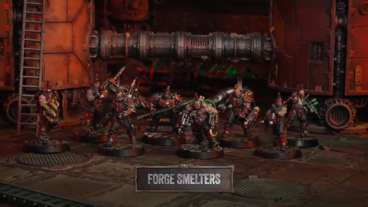 Necromunda Skirmish miniatures on a rusted, disused battlefield